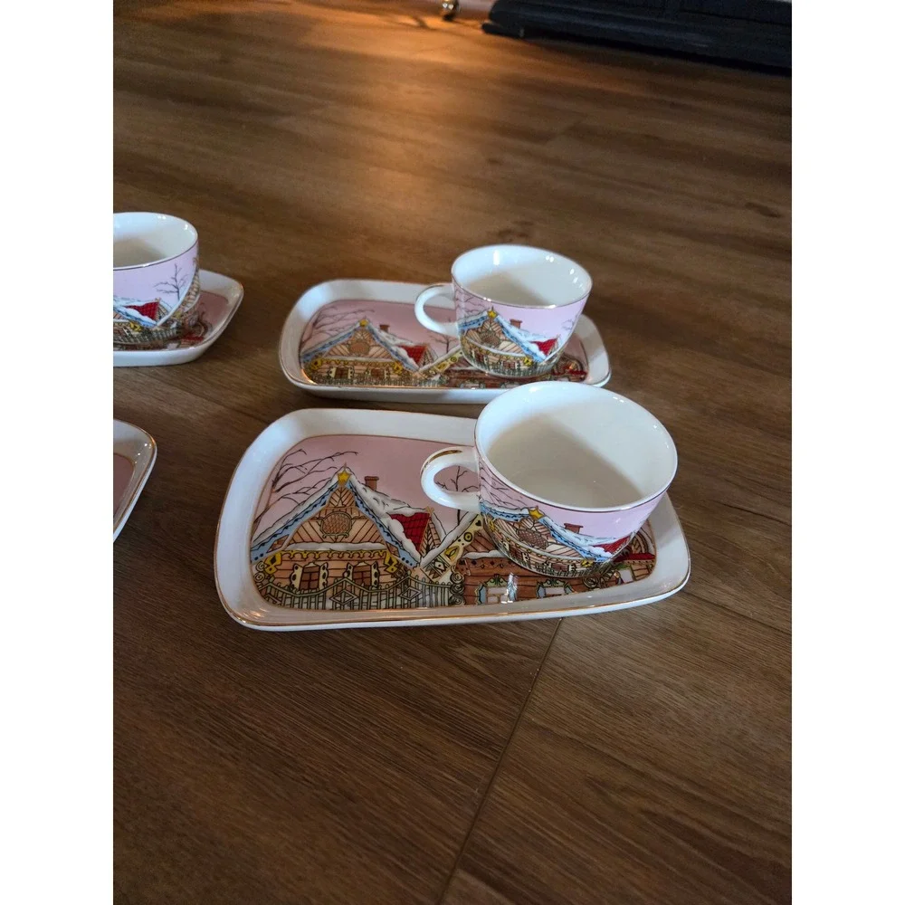 Grace Fine Ceramic Gingerbread House Tea Set‎ 4 Cups 4 Rectangular Plates Pink